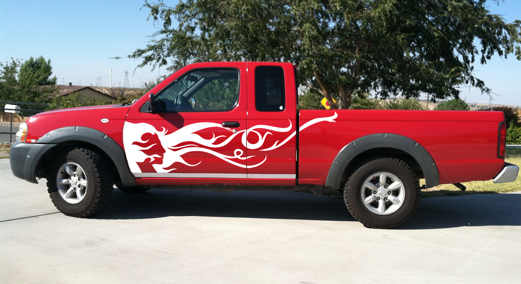 Custom decal art for cars Red Nissan Fronteir Truck beautiful White Decal art womans face and hair