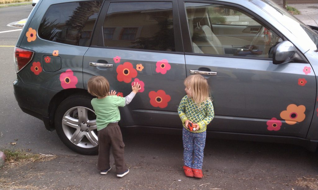 Design custom decals marimekko poppies on subaru forrester with girl and boy toddler