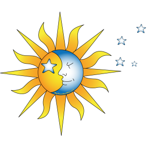 Close-Up-Celestial-Yellow Sun with Moon Face-Blueish Stars