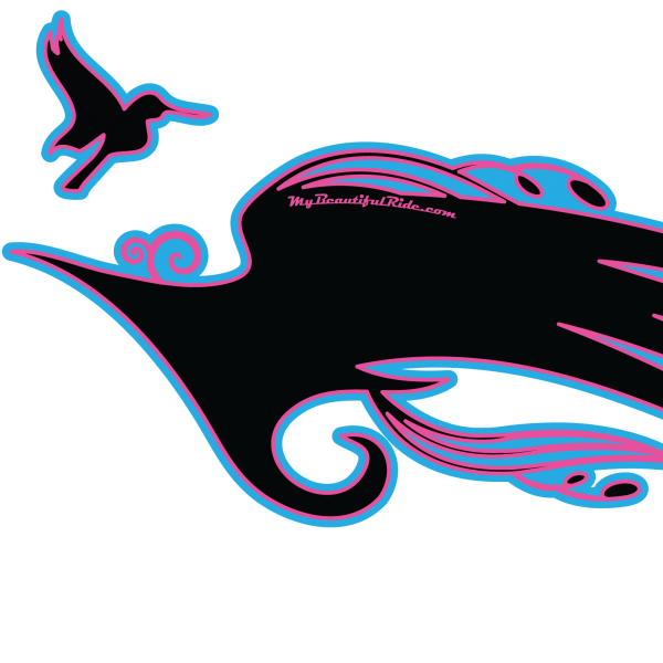 Close up of Wings to Fly and hummingbird in black with pink and blue outline
