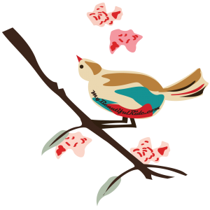 Close-up-Birds-on-a-Branch red turquoise tan bird branch pink red blossoms silver green leaves