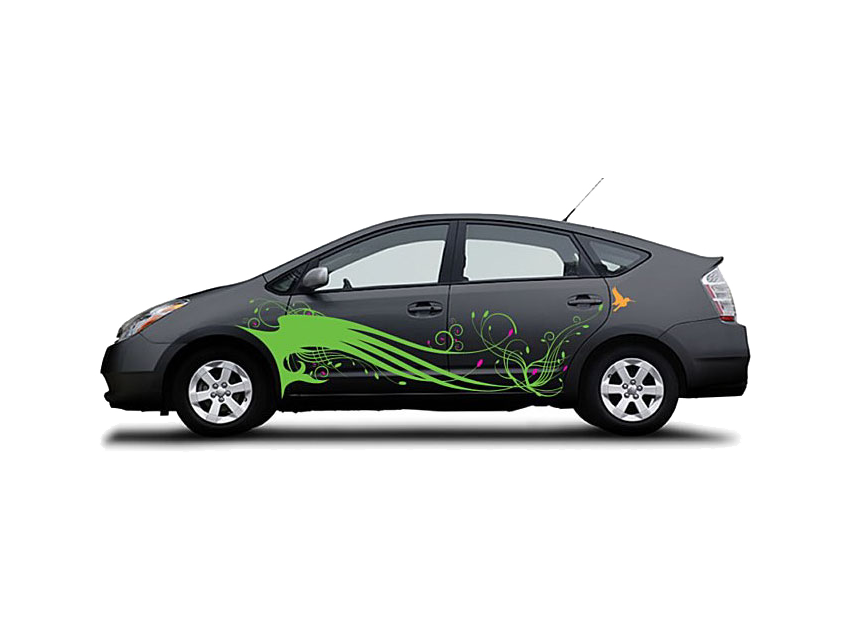 Fun decals for cars on a Black Toyota Prius Hummingbird Swoop