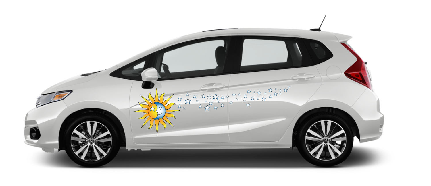 White-Honda-Fit-Celestial-Sky-Decal Sun Moon face with stars