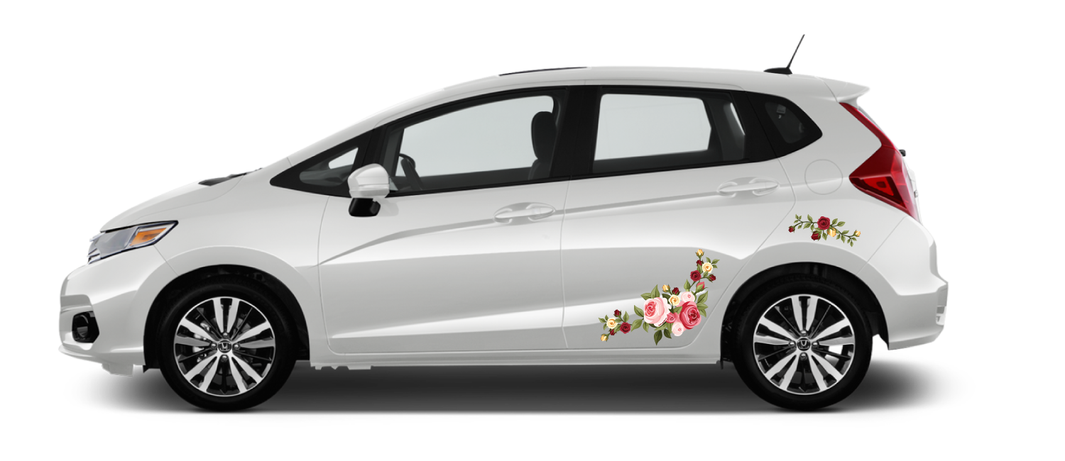 White Honda Fit Rose Bouquet decals red, pink, yellow roses